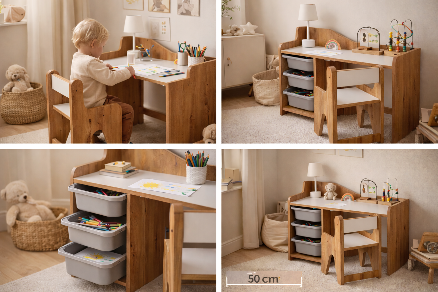 Houten Kinderbureau met Stoel en 3 Grijze Lades