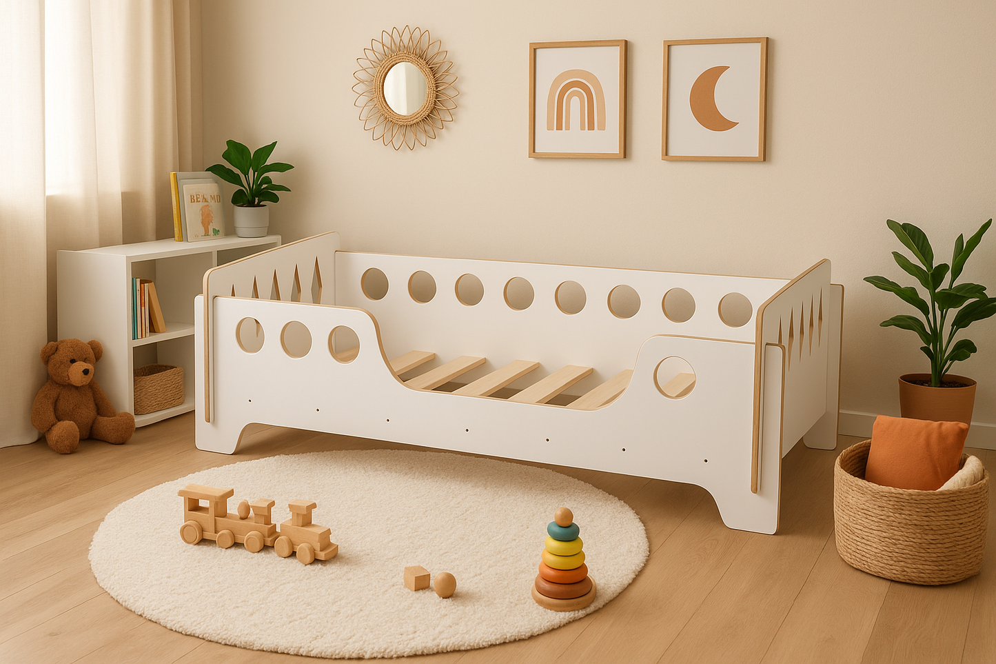 Houten Kinderbed 140×70 cm – Rond Design (Wit)