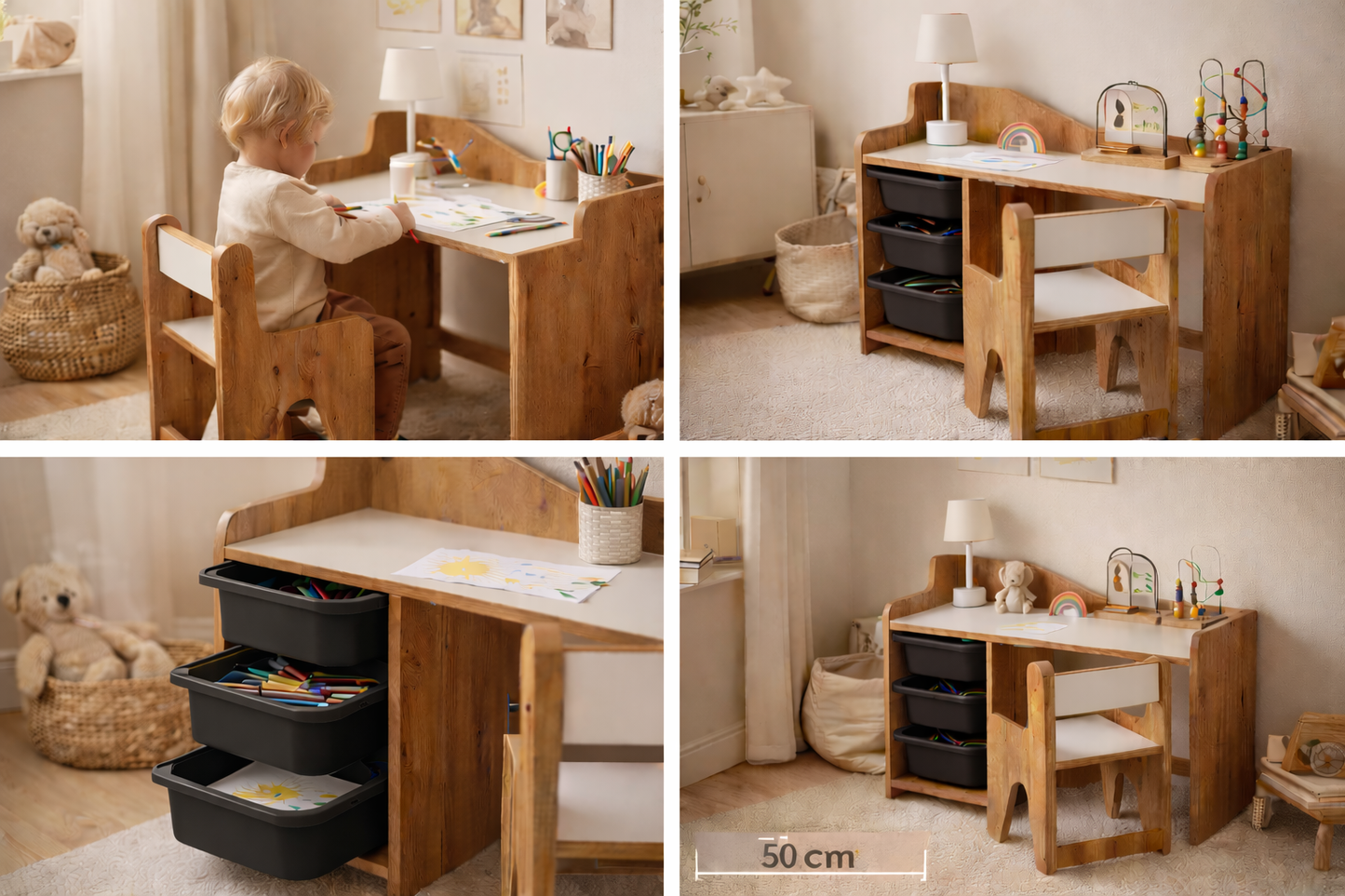 Houten Kinderbureau met Stoel en 3 Zwarte Lades