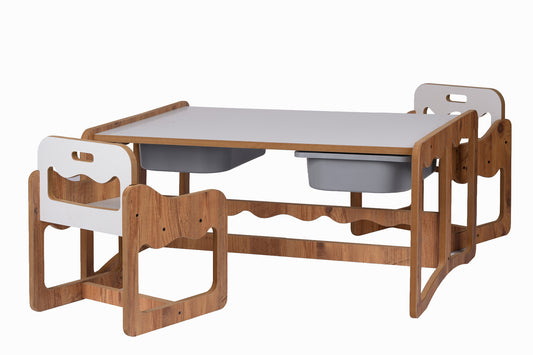 Houten Kindertafel met 2 Stoelen en 2 Grijze Opberglades