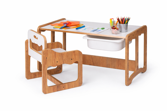 Houten Kindertafel met Stoel en Witte Opberglade