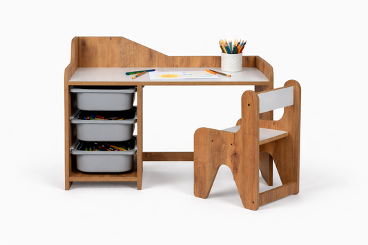 Houten Kinderbureau met Stoel en 3 Grijze Lades