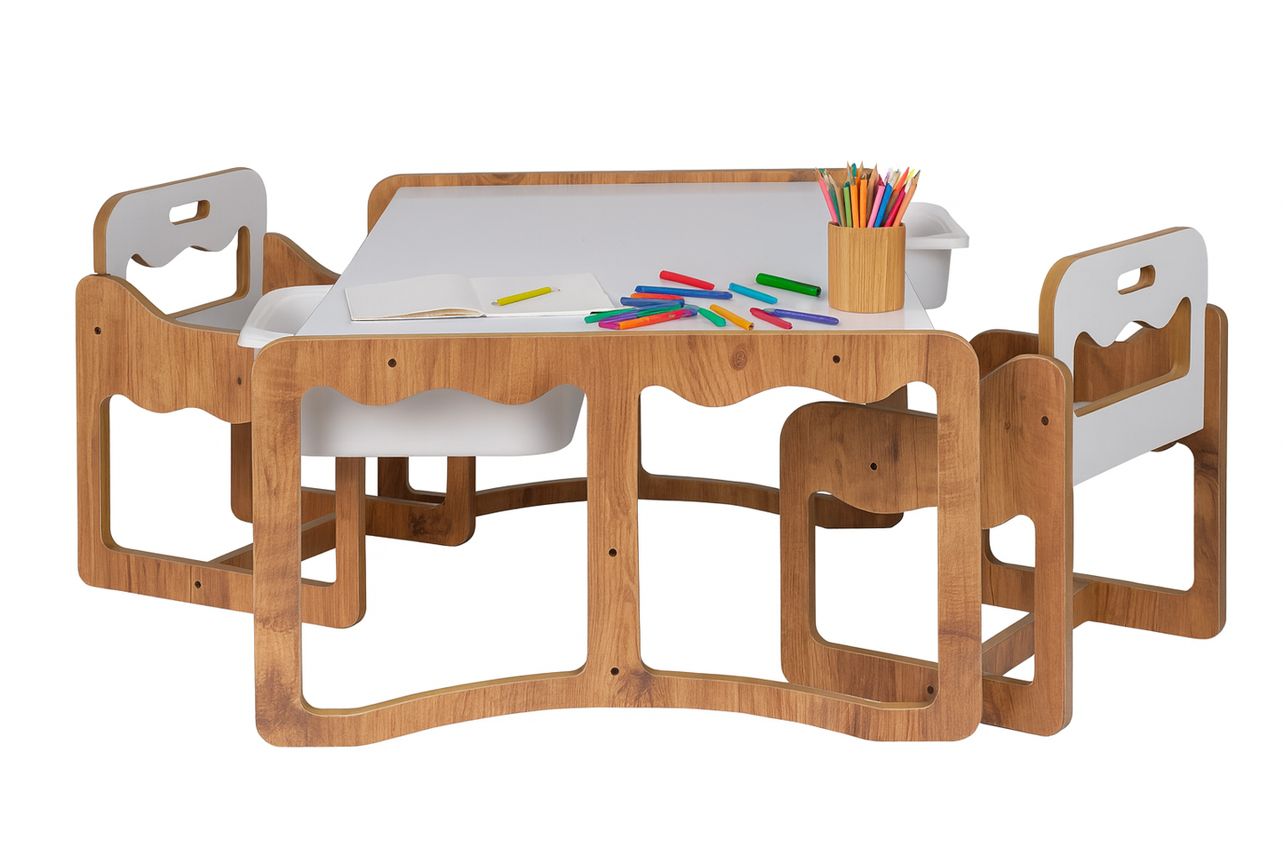 Houten Kindertafel met 2 Stoelen en 2 Witte Opberglades