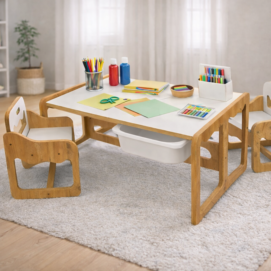 Houten Kindertafel met 2 Stoelen en 2 Witte Opberglades