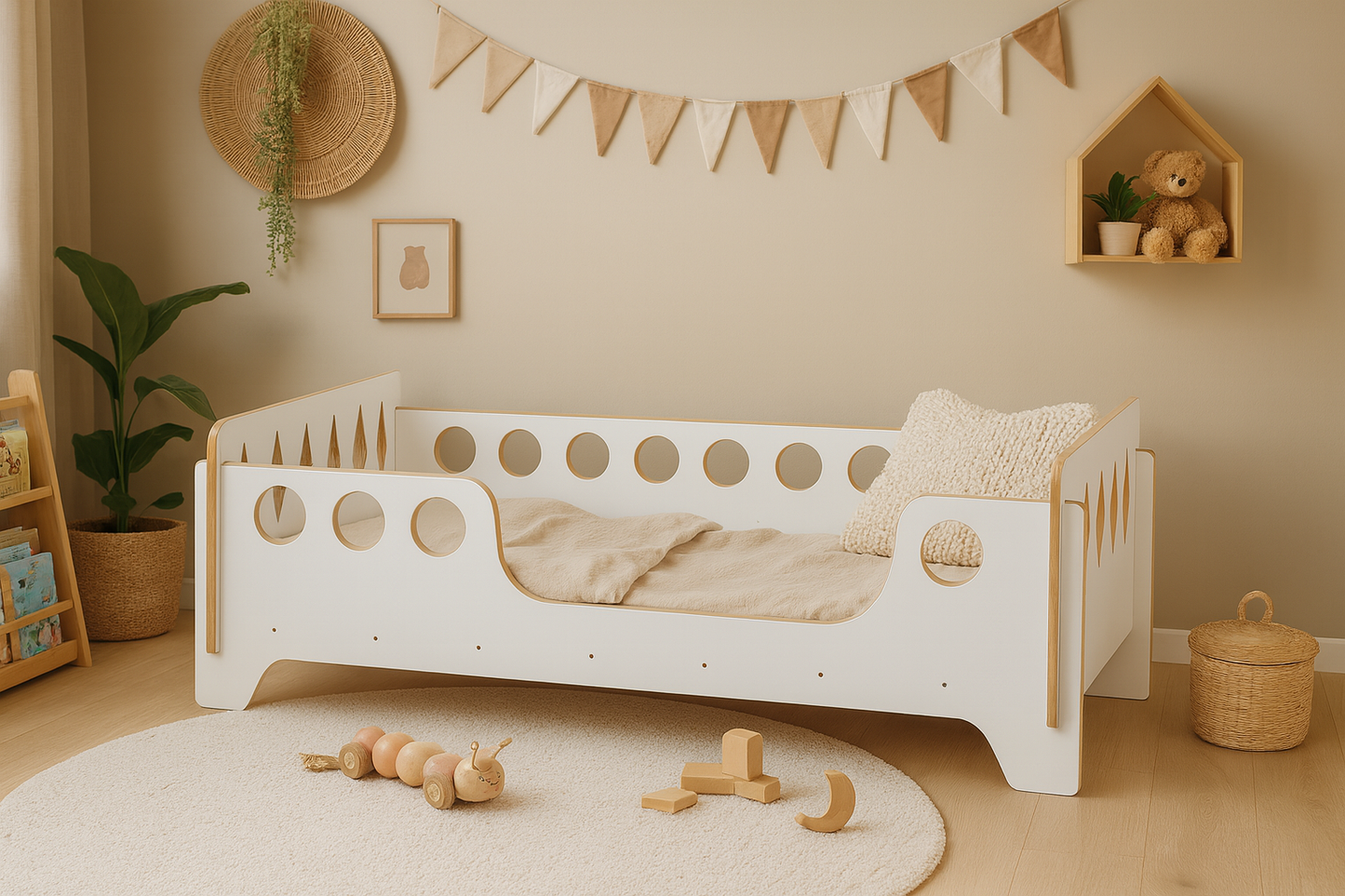 Houten Kinderbed 140×70 cm – Rond Design (Wit)