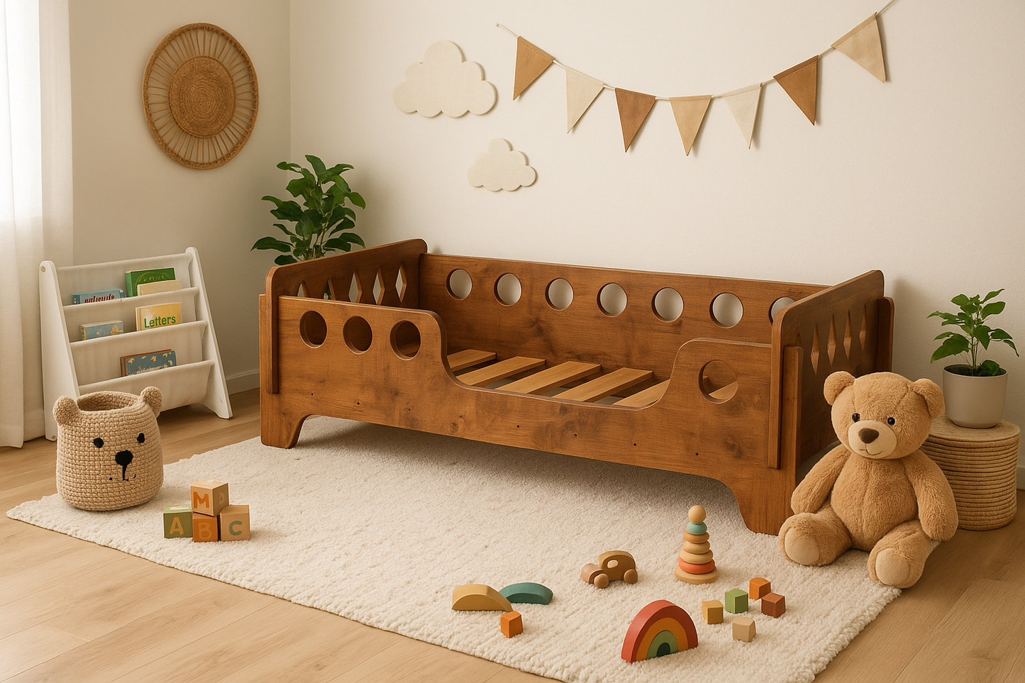 Houten kinderbed 140×70 cm – Rond Design (Walnoot)