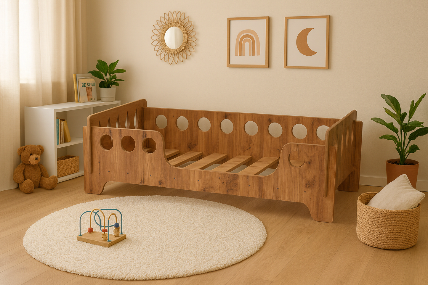 Houten kinderbed 140×70 cm – Rond Design (Walnoot)
