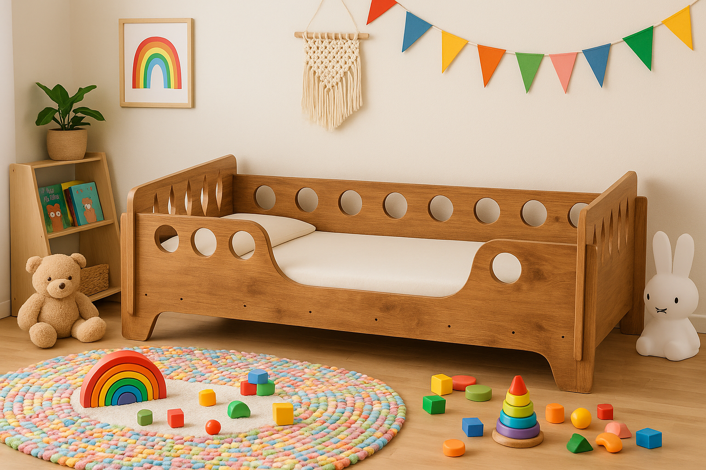 Houten kinderbed 140×70 cm – Rond Design (Walnoot)