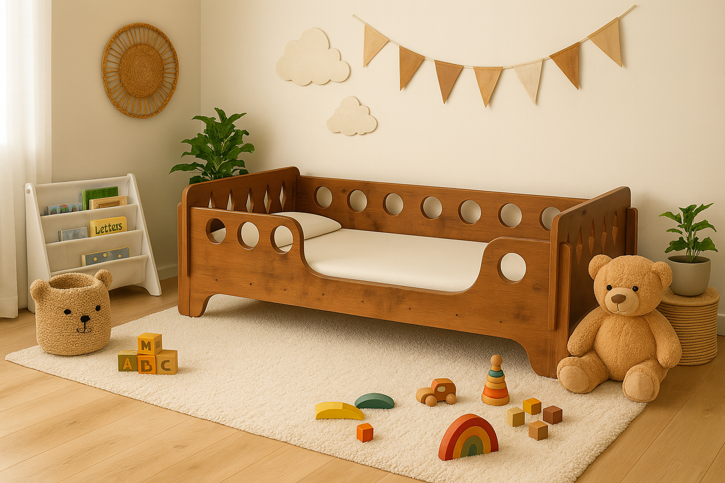 Houten kinderbed 140×70 cm – Rond Design (Walnoot)