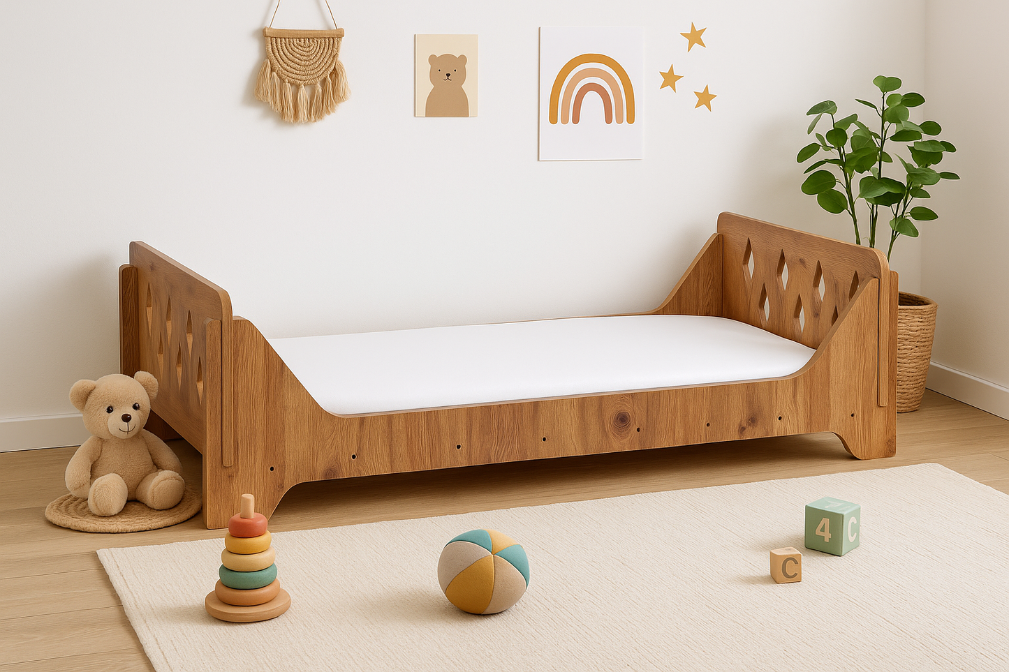 Houten Kinderbed 140×70 cm – Ruit Design (Walnoot)