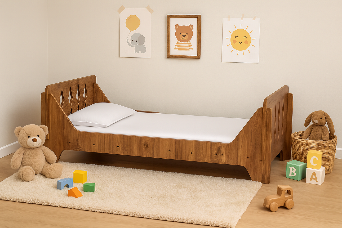 Houten Kinderbed 140×70 cm – Ruit Design (Walnoot)