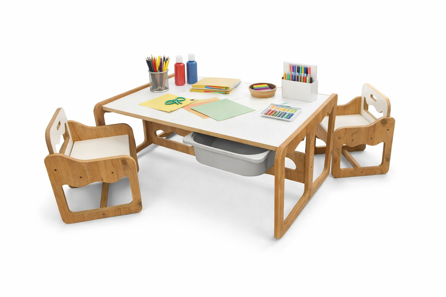 Houten Kindertafel met 2 Stoelen en 2 Grijze Opberglades