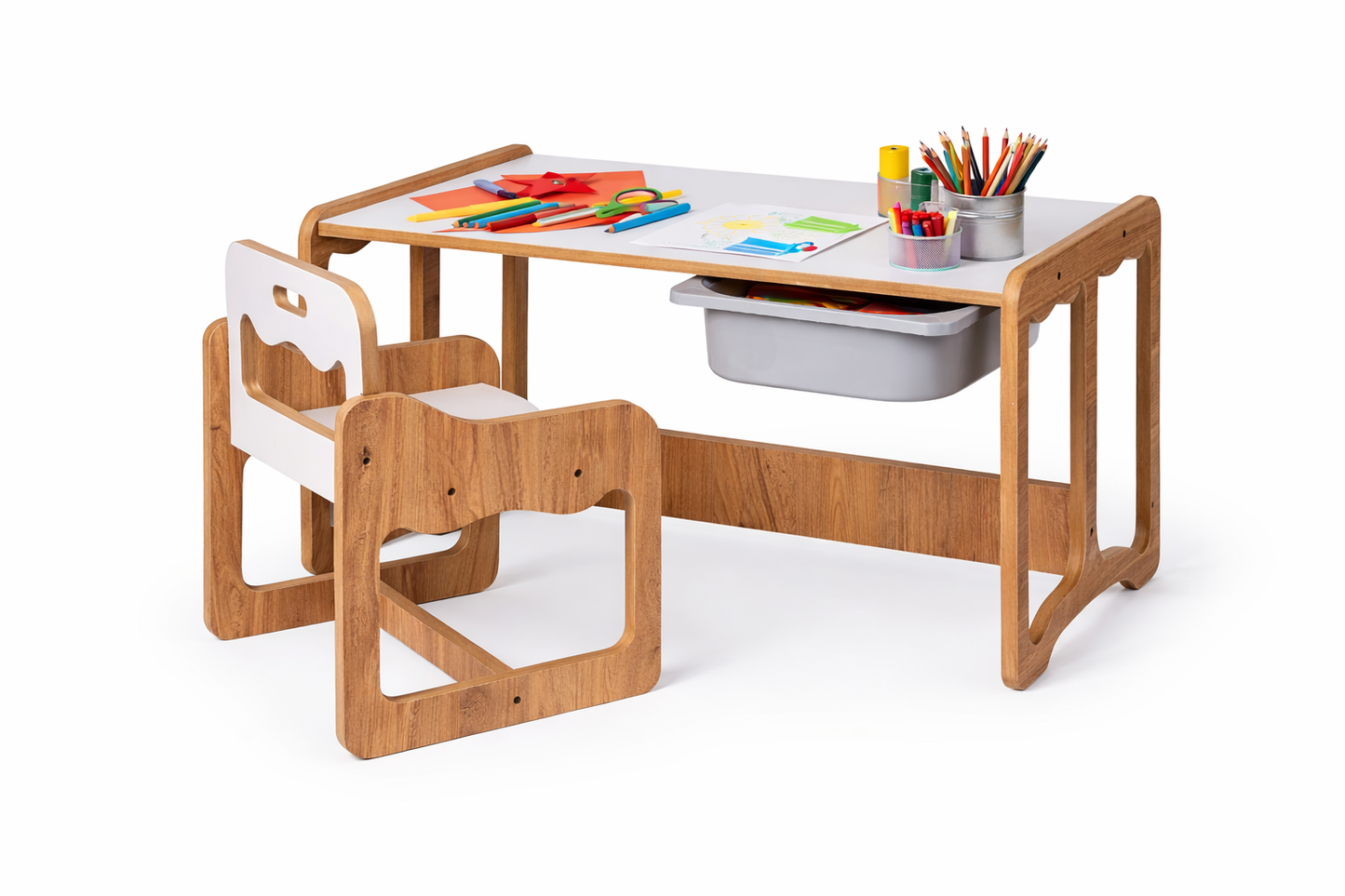 Houten Kindertafel met Stoel en Grijze Opberglade