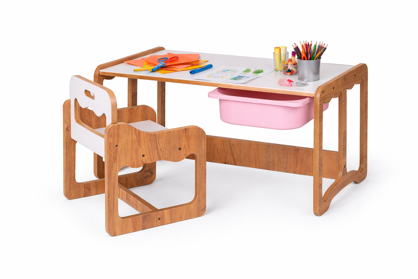 Houten Kindertafel met Stoel en Roze Opberglade