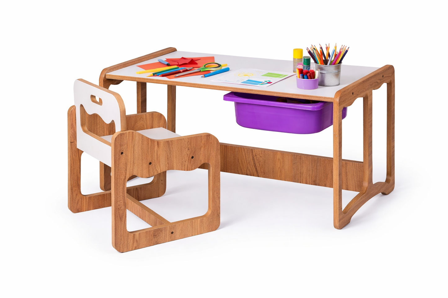 Houten Kindertafel met Stoel en Paarse Opberglade