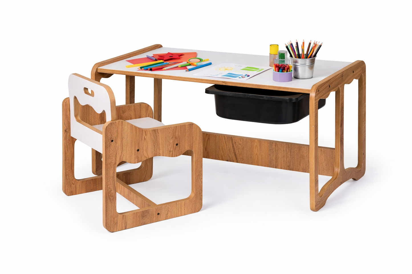 Houten Kindertafel met Stoel en Zwarte Opberglade