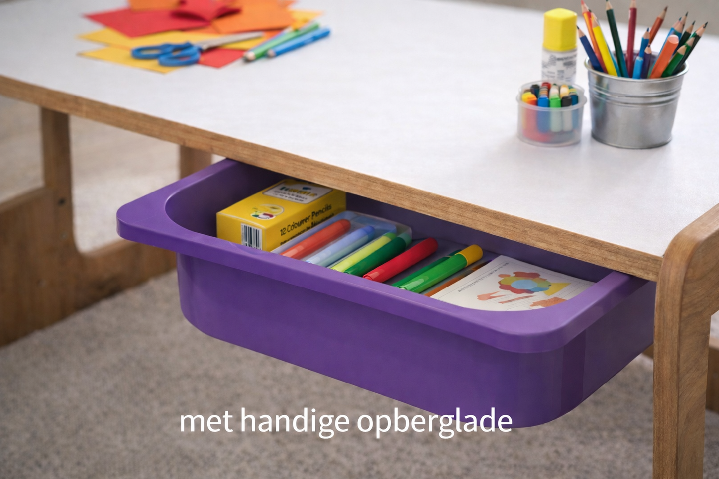 Houten Kindertafel met Stoel en Paarse Opberglade