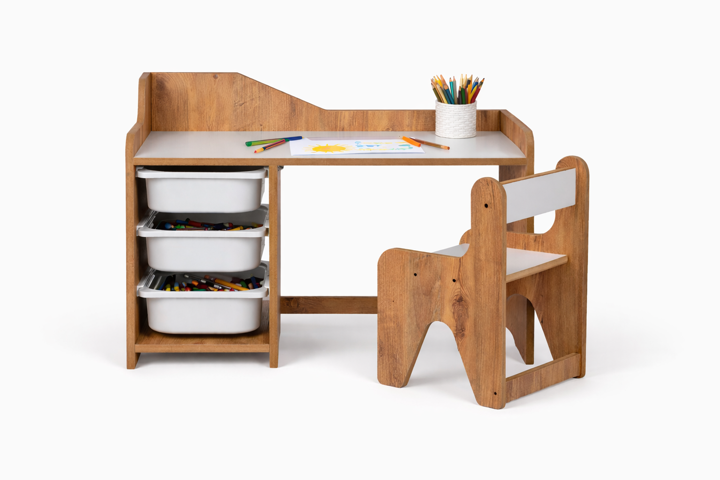 Houten Kinderbureau met Stoel en 3 Witte Lades