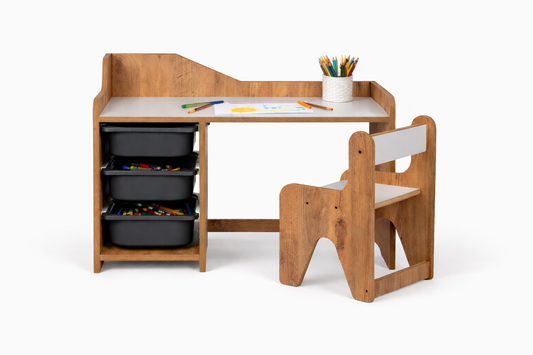Houten Kinderbureau met Stoel en 3 Zwarte Lades