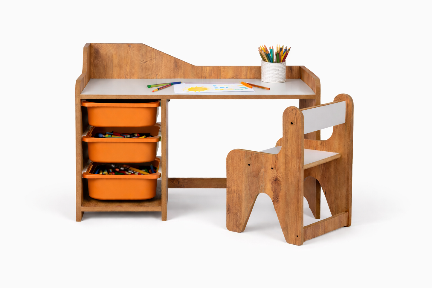 Houten Kinderbureau met Stoel en 3 Oranje Lades