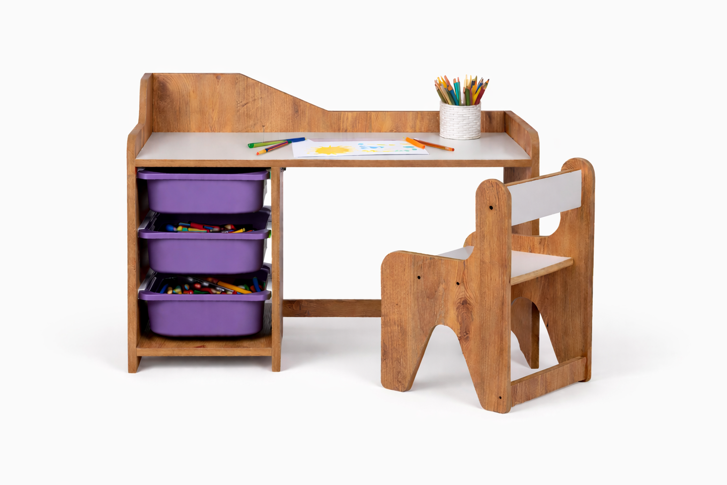 Houten Kinderbureau met Stoel en 3 Paarse Lades