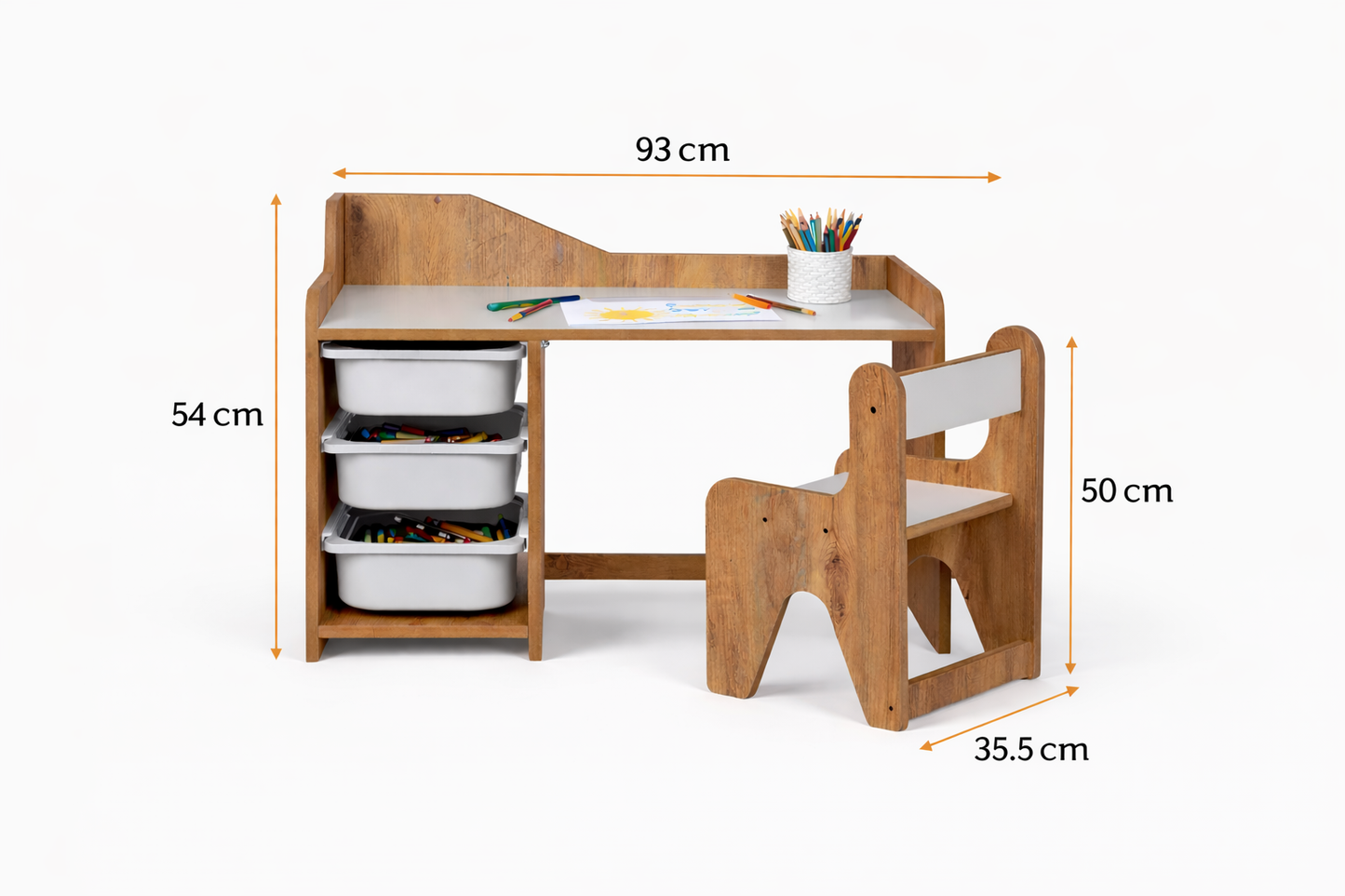 Houten Kinderbureau met Stoel en 3 Oranje Lades