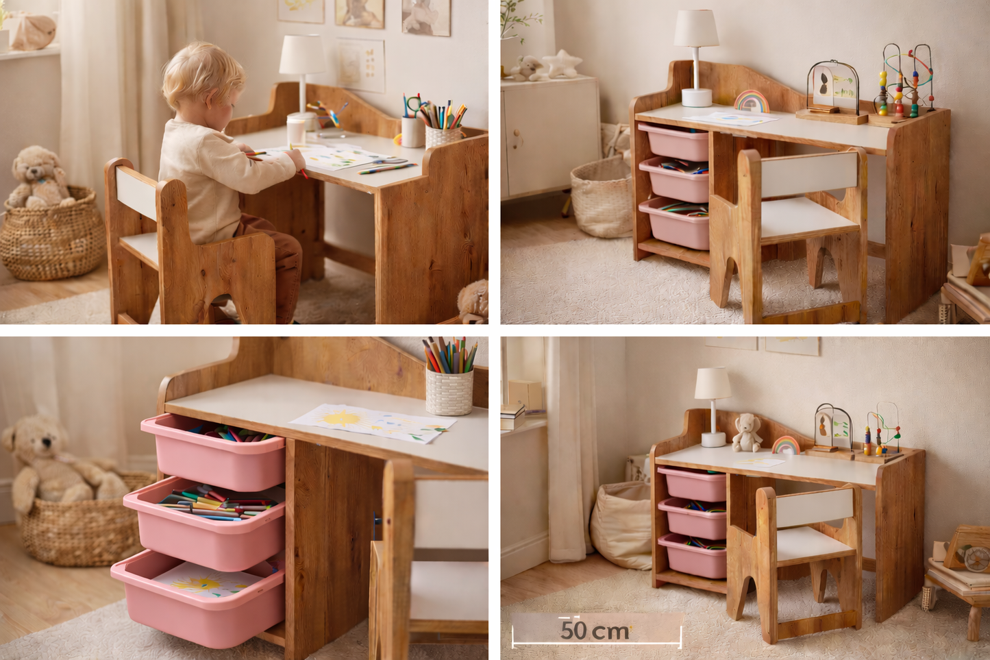 Houten Kinderbureau met Stoel en 3 Roze Lades