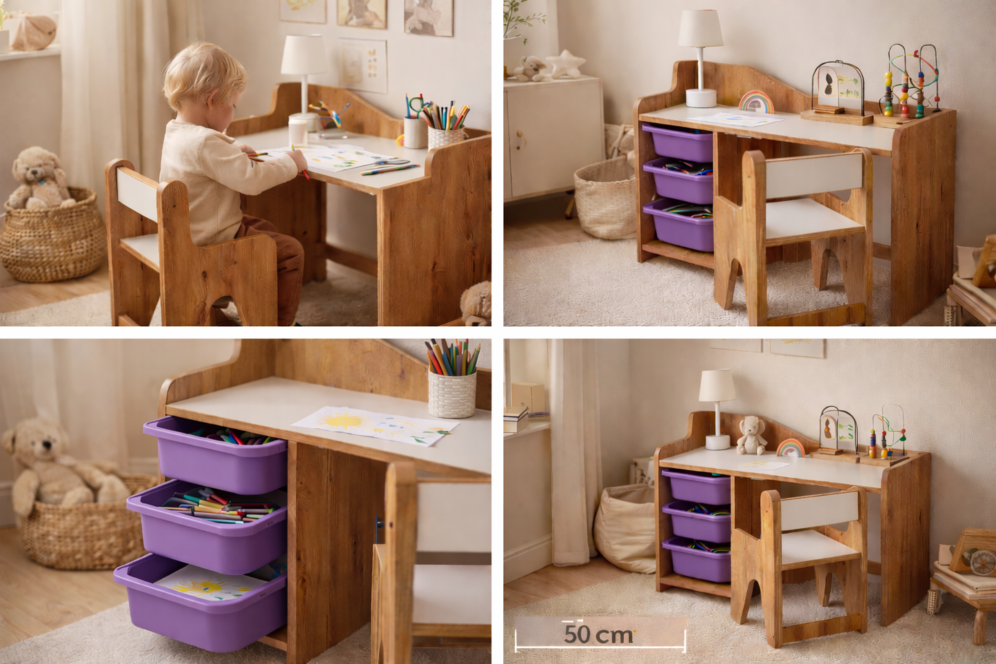 Houten Kinderbureau met Stoel en 3 Paarse Lades