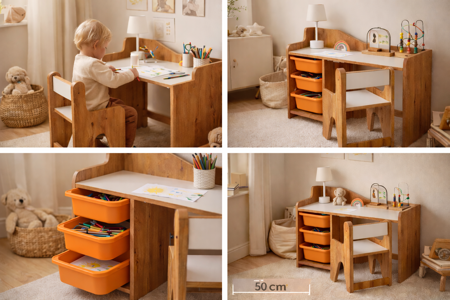Houten Kinderbureau met Stoel en 3 Oranje Lades