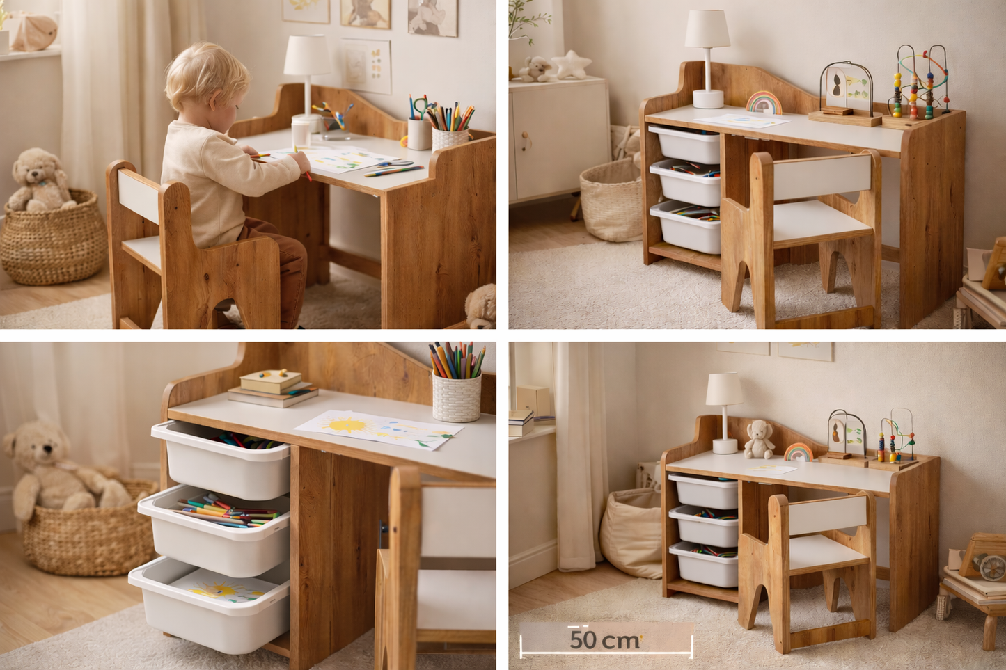 Houten Kinderbureau met Stoel en 3 Witte Lades