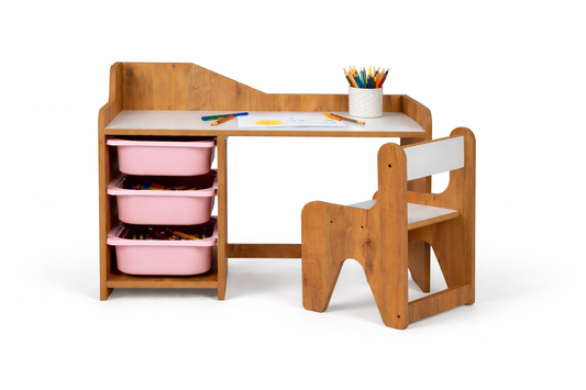 Houten Kinderbureau met Stoel en 3 Roze Lades