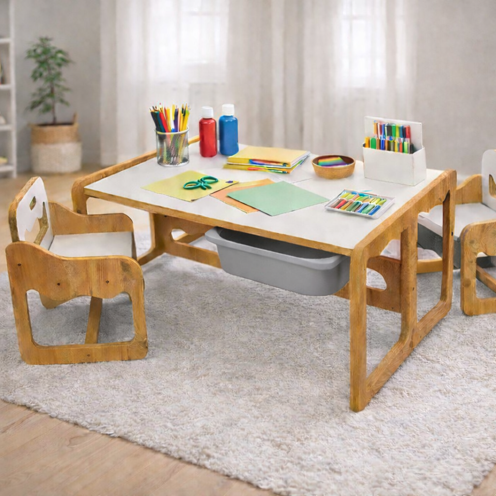Houten Kindertafel met 2 Stoelen en 2 Grijze Opberglades