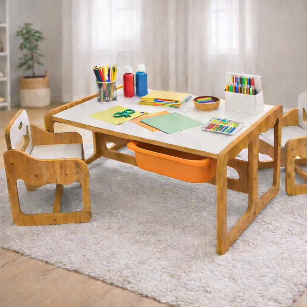 Houten Kindertafel met 2 Stoelen en 2 Oranje Opberglades