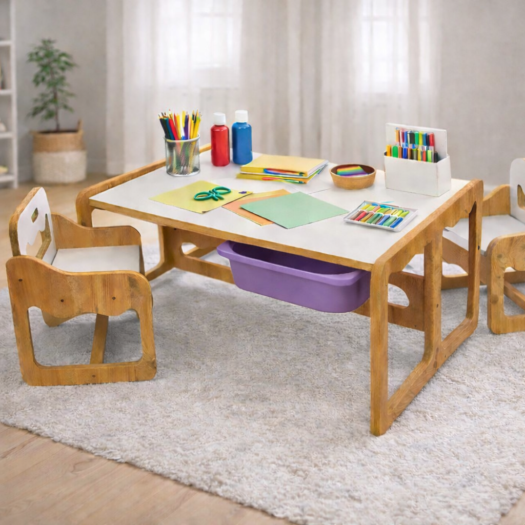 Houten Kindertafel met 2 Stoelen en 2 Paarse Opberglades