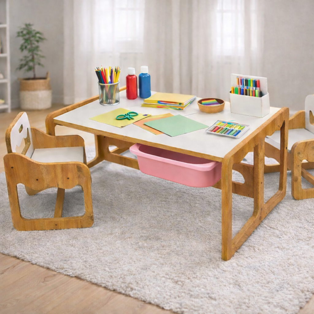 Houten Kindertafel met 2 Stoelen en 2 Roze Opberglades