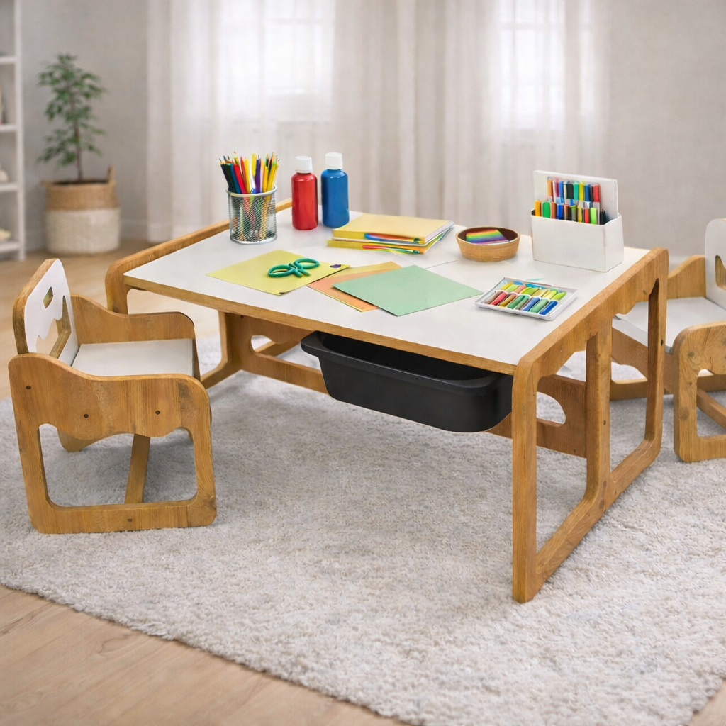 Houten Kindertafel met 2 Stoelen en 2 Zwarte Opberglades
