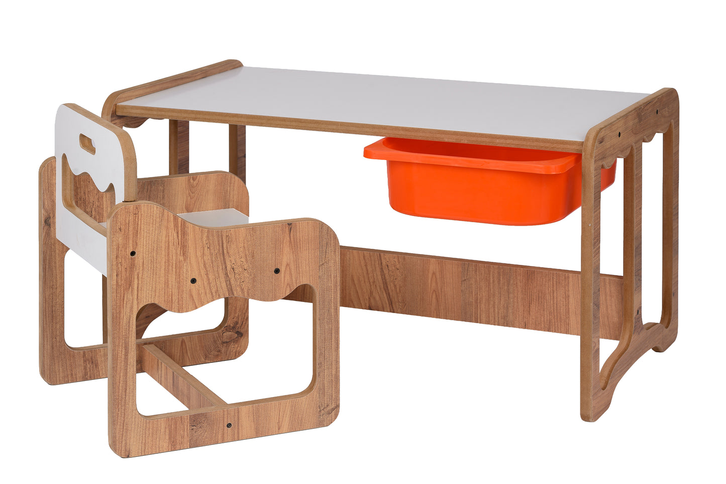 Houten Kindertafel met Stoel en Oranje Opberglade