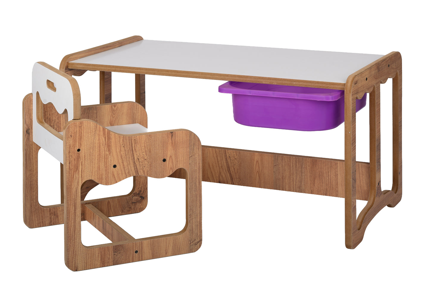 Houten Kindertafel met Stoel en Paarse Opberglade