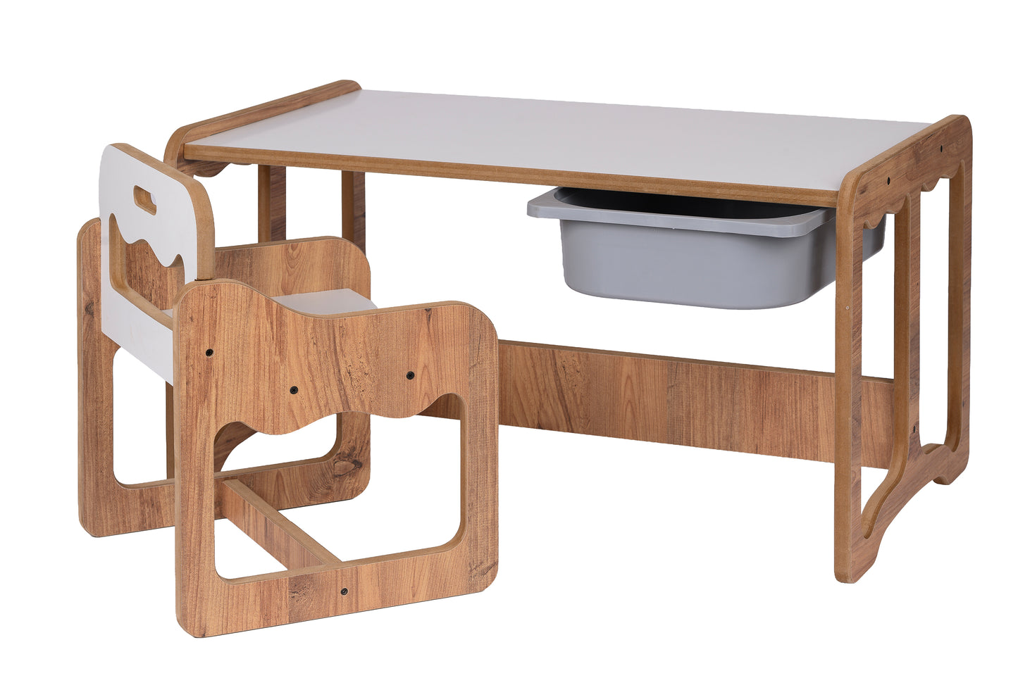 Houten Kindertafel met Stoel en Grijze Opberglade