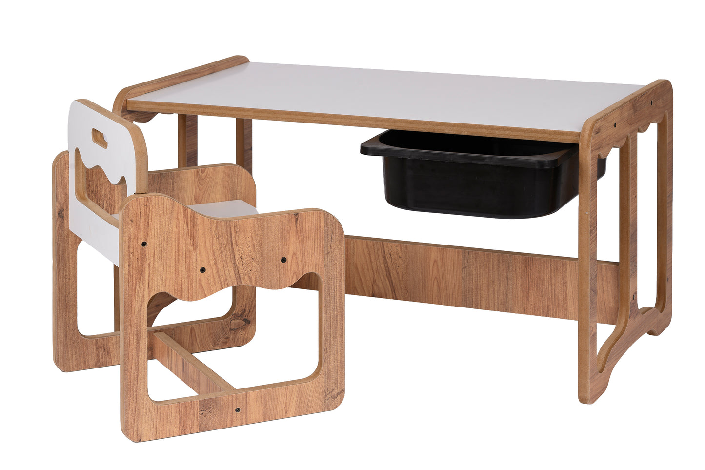 Houten Kindertafel met Stoel en Zwarte Opberglade