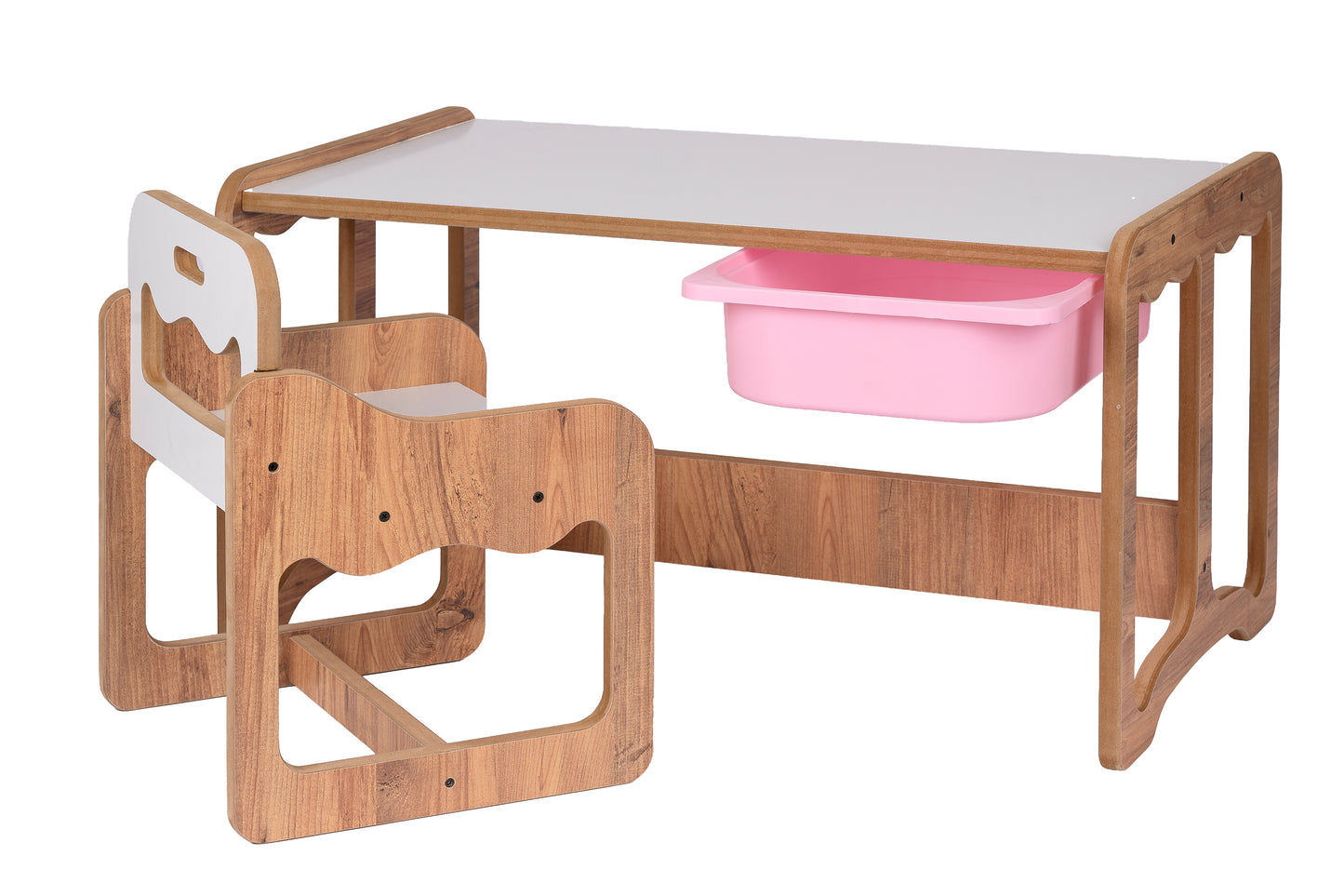 Houten Kindertafel met Stoel en Roze Opberglade