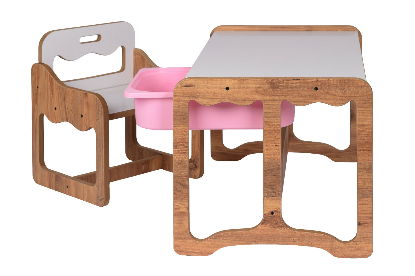 Houten Kindertafel met Stoel en Roze Opberglade