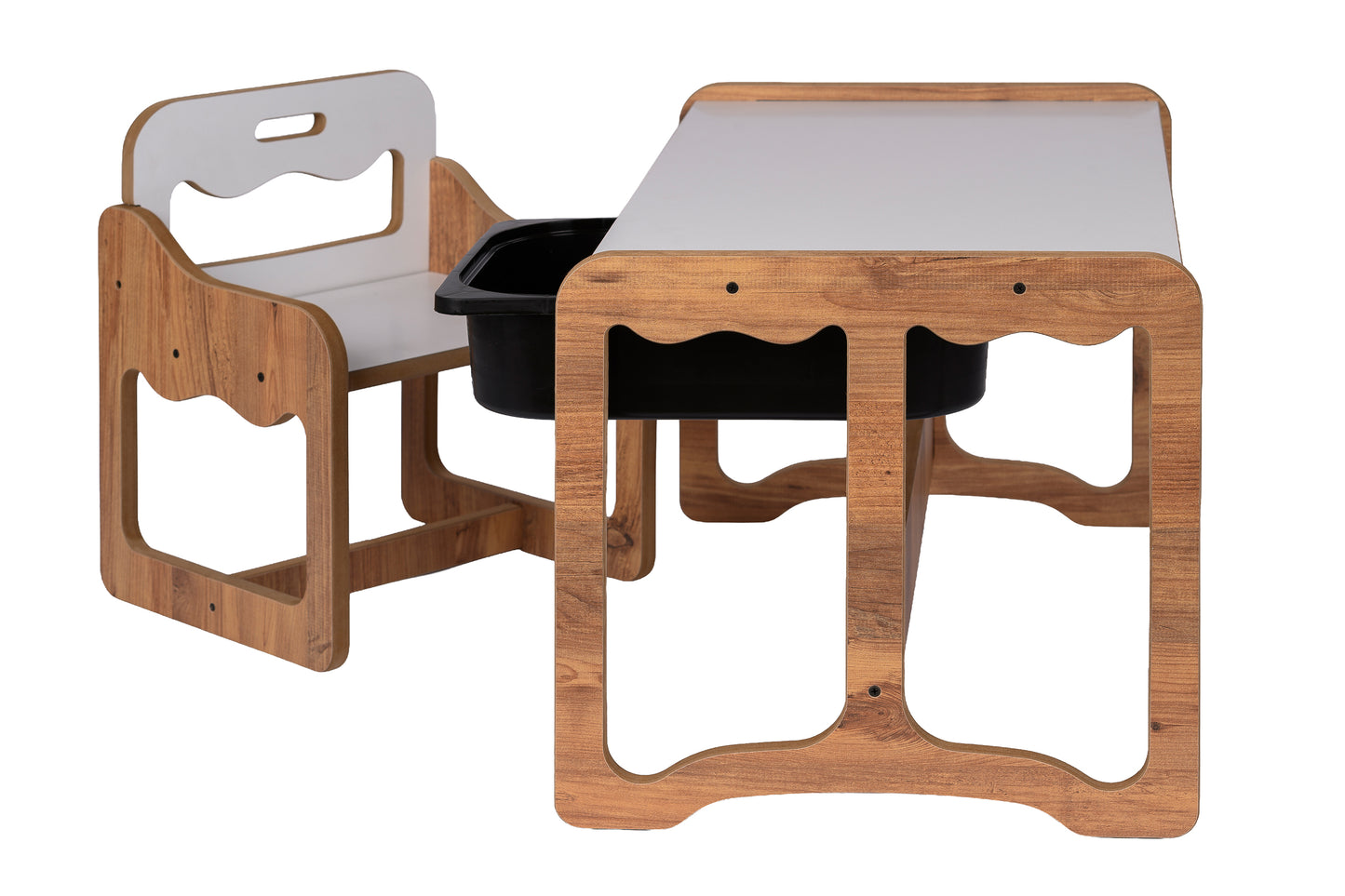 Houten Kindertafel met Stoel en Zwarte Opberglade