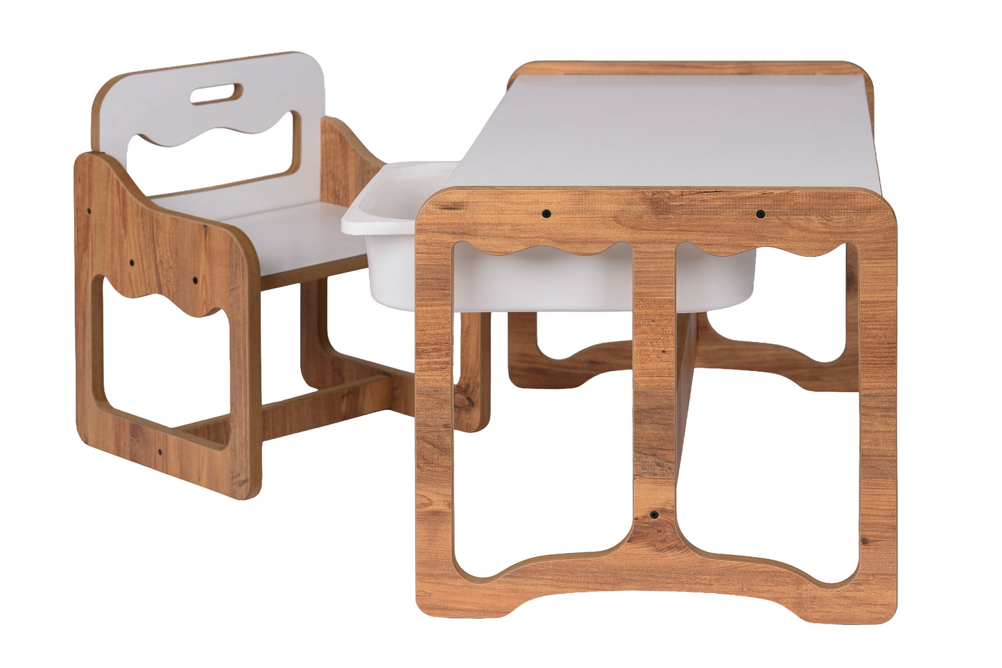 Houten Kindertafel met Stoel en Witte Opberglade