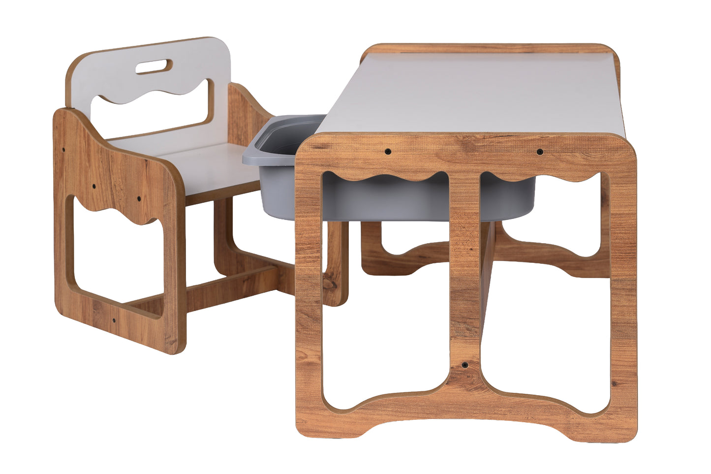 Houten Kindertafel met Stoel en Grijze Opberglade