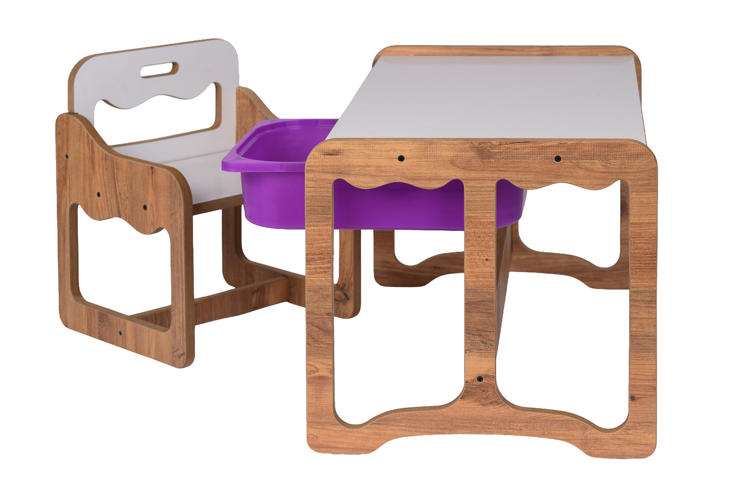 Houten Kindertafel met Stoel en Paarse Opberglade