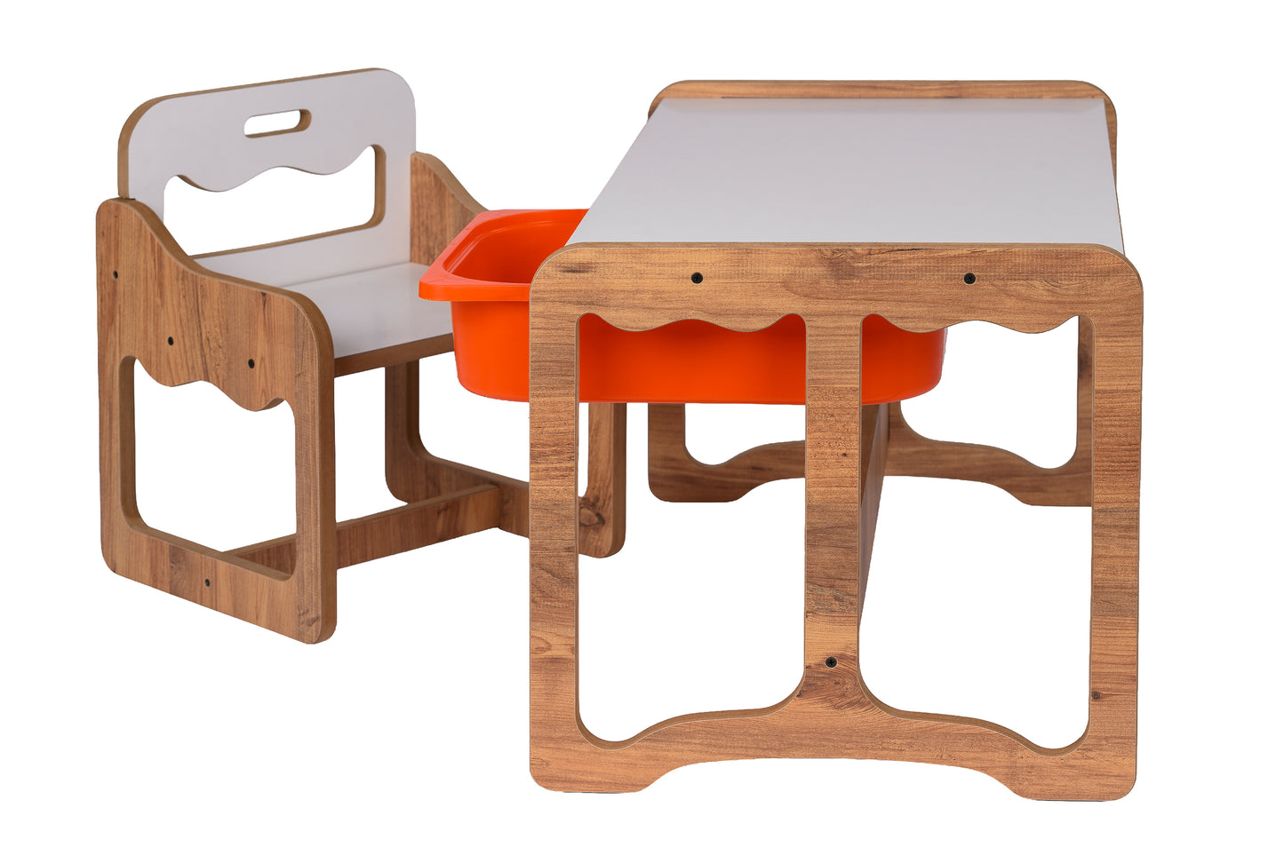 Houten Kindertafel met Stoel en Oranje Opberglade