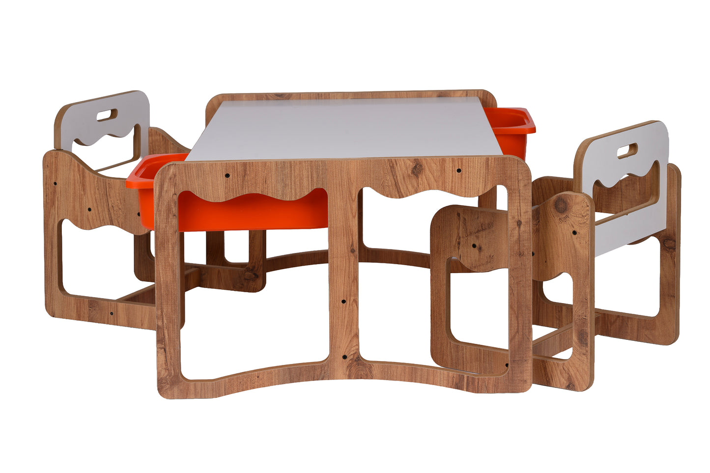 Houten Kindertafel met 2 Stoelen en 2 Oranje Opberglades