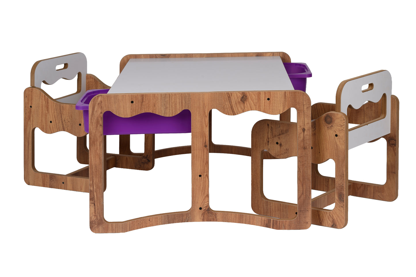 Houten Kindertafel met 2 Stoelen en 2 Paarse Opberglades