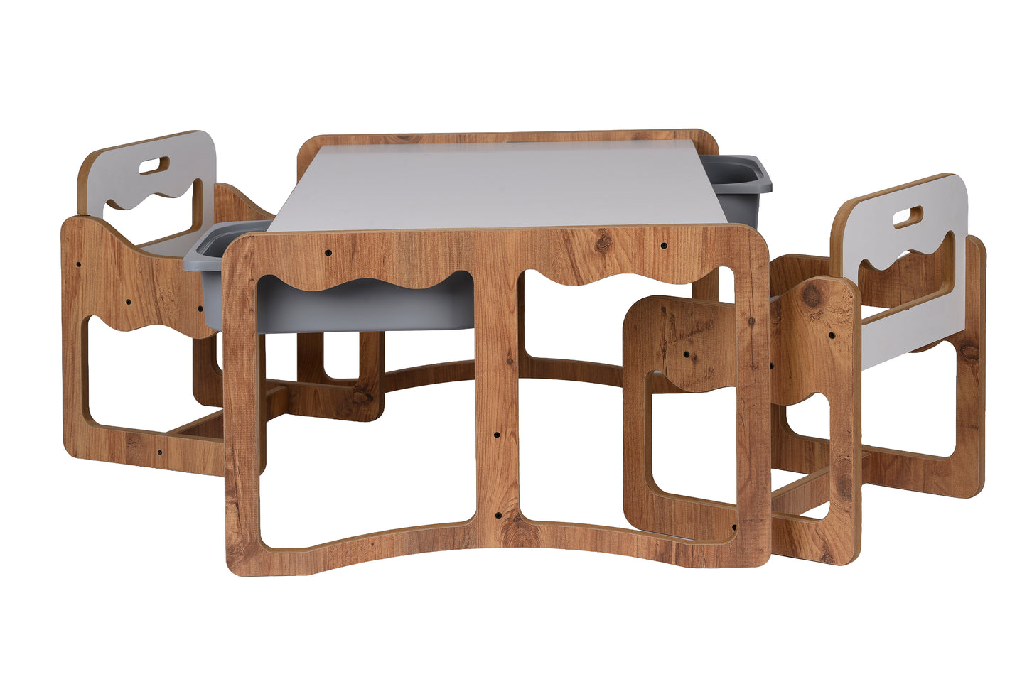 Houten Kindertafel met 2 Stoelen en 2 Grijze Opberglades